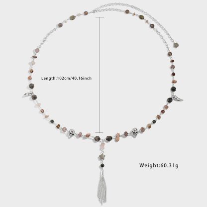Statement Metal Jewelry Edgy 925 Pure Silver Fashion Skull Head Irregular Stone Tassels Waist Chain Metal