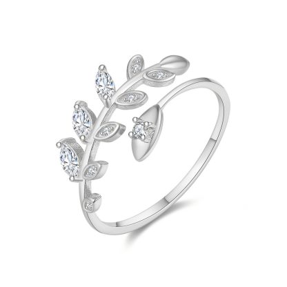 2019 Hot Sale CZ Olive Leaves Branch 925 Sterling Silver Adjustable Ring