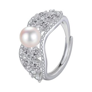 Elegant Fashion Women Floral Cluster Statement Flower Pearl Bead Cubic Zirconia Solid 925 Sterling Silver Open Ring