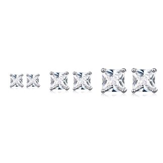 Princess Cut Cubic Zirconia Four Prong 925 Sterling Silver Stud Earrings Geometric White Gold Color Minimal Unisex Earrings