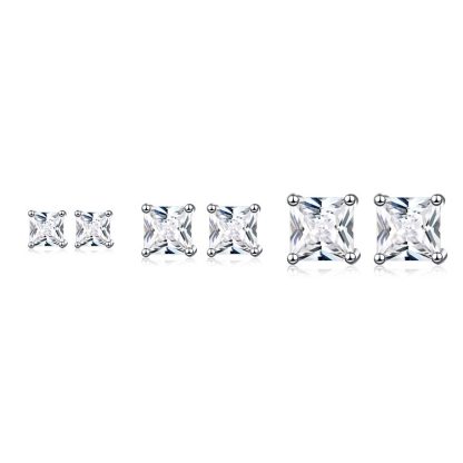 Princess Cut Cubic Zirconia Four Prong 925 Sterling Silver Stud Earrings Geometric White Gold Color Minimal Unisex Earrings