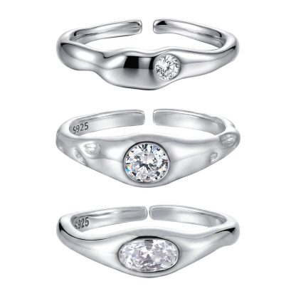 Cubic Zirconia Geometric Oval and Round Setting  925 Sterling Silver Adjustable Open Band Minimalist Wavy Ring