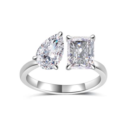 Adjustable Tardrop Shaped Rectangular Moissanite  925 Sterling Silver Ring