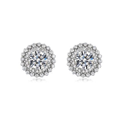 Moissanite Double-Layer Halo Round 925 Sterling Silver Stud Earrings