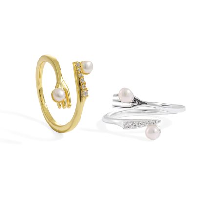 Fashion Round Natural Pearl Fork CZ Knife 925 Sterling Silver Adjustable Ring