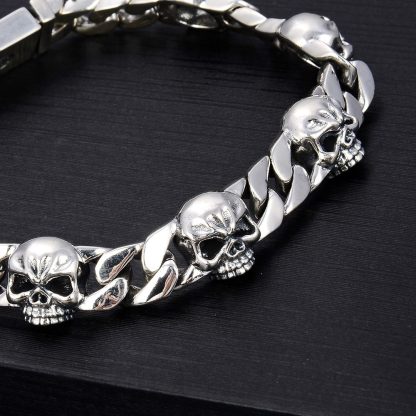 Fashion Men's CZ Skulls Vintage 925 Sterling Silver Curb Chain Bracelet