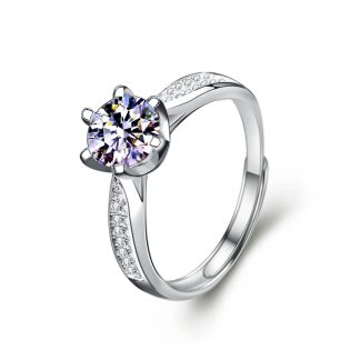 Simple Six Claw Round Moissanite CZ 925 Sterling Silver Adjustable Ring