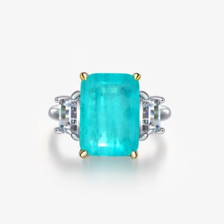 Rectangular Paraíba blue synthetic sapphire 925 sterling silver three stone Ring