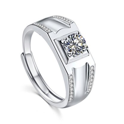 Men's Office Moissanite CZ Geometry Square 925 Sterling Silver Adjustable Ring