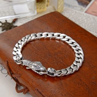 Men’s Fashion Snake Head 925 Sterling Silver Curb Chain Bracelet