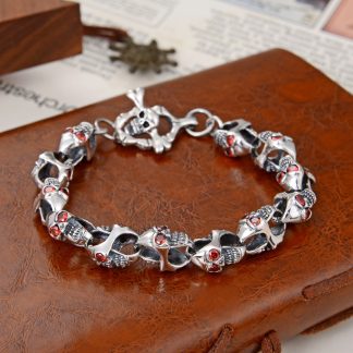 Modern Men’s Halloween CZ Skulls Vintage 925 Sterling Silver Bracelet
