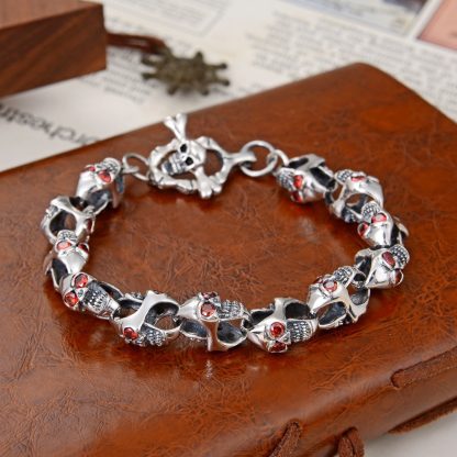 Modern Men's Halloween CZ Skulls Vintage 925 Sterling Silver Bracelet