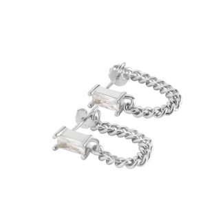 Modern Geometry CZ Rectangle Hollow Chain 925 Sterling Silver Hoop Earrings