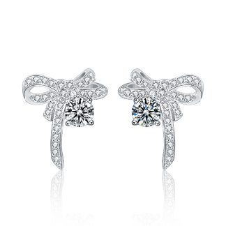 Girl Sweet Moissanite CZ Bow-Knots 925 Sterling Silver Stud Earrings