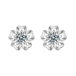 Girl Sweet Moissanite CZ Sakura Flowers 925 Sterling Silver Stud Earrings