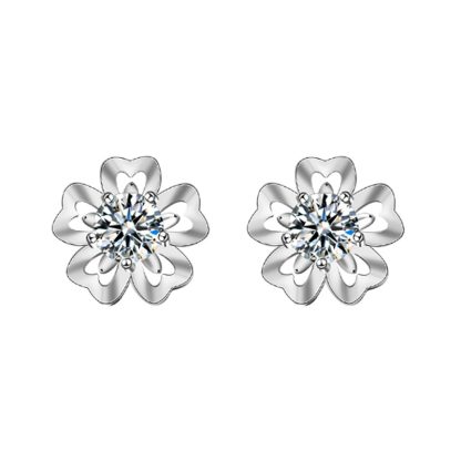Girl Sweet Moissanite CZ Sakura Flowers 925 Sterling Silver Stud Earrings