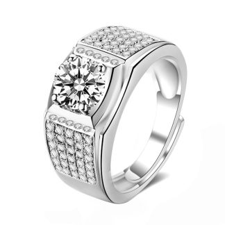 Men’s Round Moissanite CZ Micro Setting Wide 925 Sterling Silver Adjustable Ring