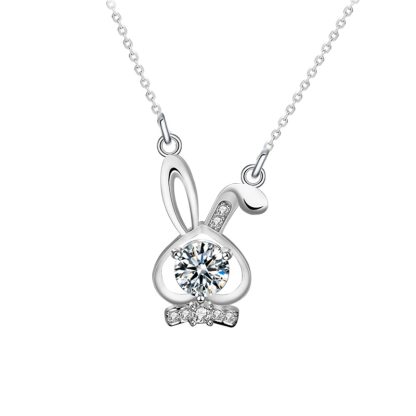 Cute Moissanite CZ Bunny Ear Rabbit 925 Sterling Silver Necklace