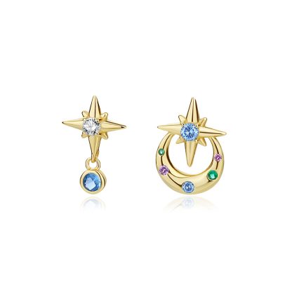 Asymmetry Colorful CZ Crescent Moon Eight Awn Star 925 Sterling Silver Stud Earrings