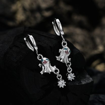 Halloween Holiday CZ Ghost 925 Sterling Silver Leverback Dangling Earring(Single)