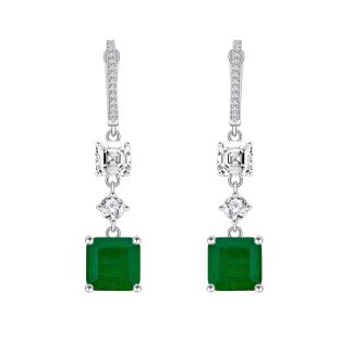 Emerald Green Square Octagon Cut Simulated Emerald Cubic Zirconia S925 Sterling Silver Geometric Drop Hoop Earrings