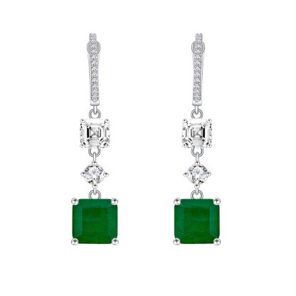 Emerald Green Square Octagon Cut Simulated Emerald Cubic Zirconia S925 Sterling Silver Geometric Drop Hoop Earrings