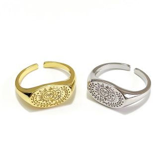 New Sun Moon Portrait 925 Sterling Silver Adjustable Signet Ring