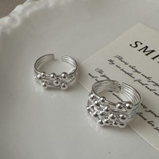 Graduation Multi Beads Layers 925 Sterling Silver Adjustable Ring
