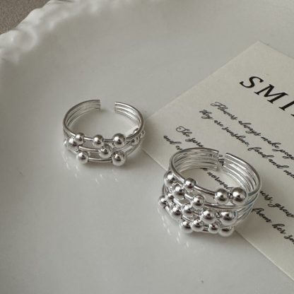 Graduation Multi Beads Layers 925 Sterling Silver Adjustable Ring