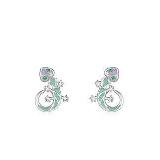 Rainbow Cube Zirconium Blue Mint Green Enamel Lizard-shaped 925 Silver Earrings