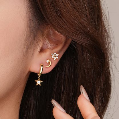 Party Simple White CZ Crescent Moon Star Sunshine 925 Sterling Silver Stud Fangling Earrings
