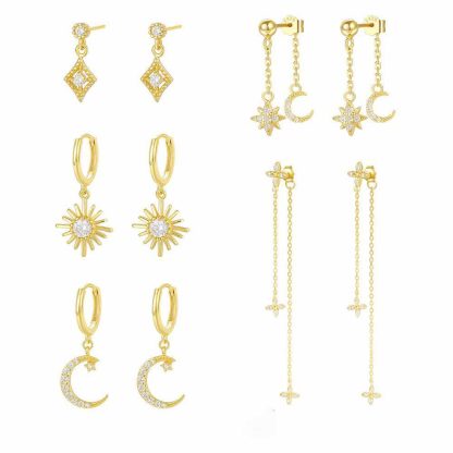 Beautiful Gold CZ Crescent Moon Sunshine Star 925 Sterling Silver Dangling Earrings