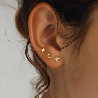 Fashion Gold CZ Sunshine Moon Star 925 Sterling Silver Stud Dangling Earrings