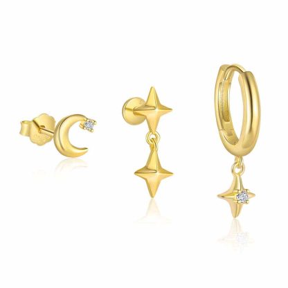 Women Cute Shining CZ Star Crescent Moon 925 Sterling Silver Earring (Single)
