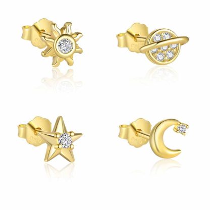 Cute Gold CZ Planet Star Sun Crescent Moon 925 Sterling Silver Stud Earring (Single)