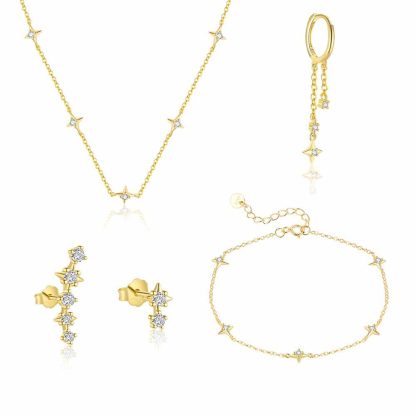 Modern Golden Shining CZ Star 925 Sterling Silver Earring Necklace Bracelet