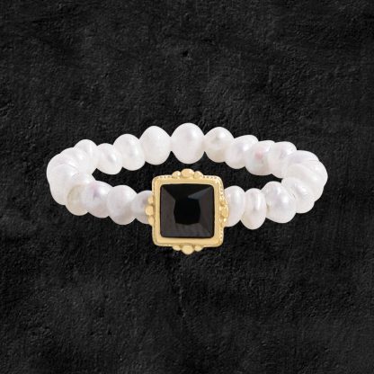 Women Elegant Black Square CZ Natural Pearls 925 Sterling Silver Ring