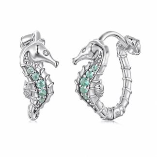 925 Sterling Silver with Cubic Zirconia and Blue-Green Glass Seahorse Hoop Earrings