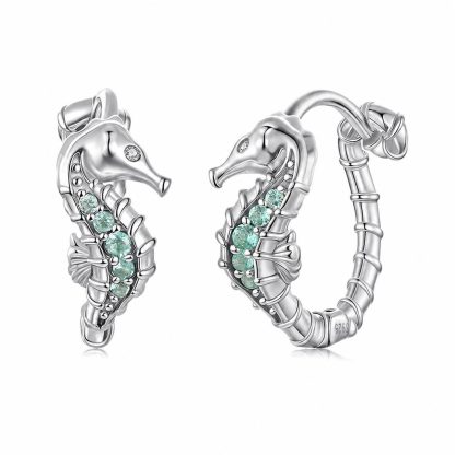925 Sterling Silver with Cubic Zirconia and Blue-Green Glass Seahorse Hoop Earrings