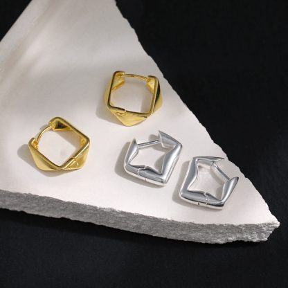 Minimalism Irregular Geometry Square 925 Sterling Silver Hoop Earrings