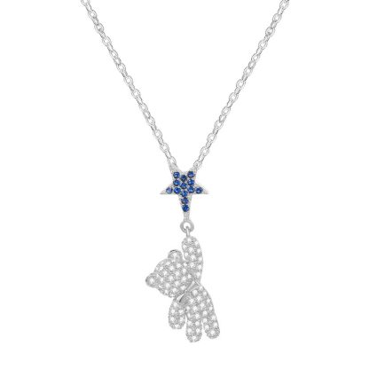 Cute Bear Hanging from Star 925 Sterling Silver Luxury Long Sweater Clavicle Pendant Necklace