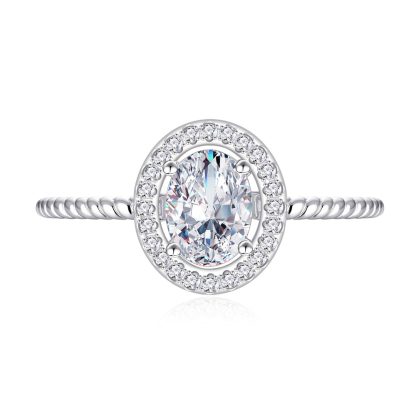 Twisted Band Geometric Fashion Women Wedding Oval Halo Cubic Zirconia Moissanite 925 Sterling Silver Ring