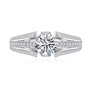 Round Split Shank Pave Band Geometric Four Prong Engagement  Solitaire Moissanite Or Cubic Zirconia 925 Sterling Silver Ring