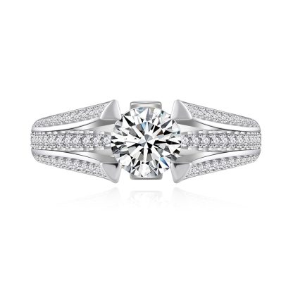 Round Split Shank Pave Band Geometric Four Prong Engagement  Solitaire Moissanite Or Cubic Zirconia 925 Sterling Silver Ring