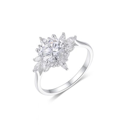 Round Center Stone Sunflower Moissanite 925 Sterling Silver Ring