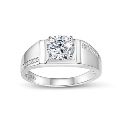 Round Solitaire D Color Center Stone Men's S925 Silver Geometric Band Moissanite Ring