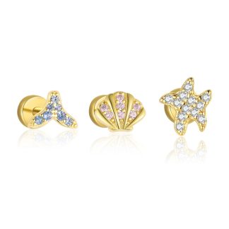 Ocean-themed cubic zirconia. Mermaid tail shell starfish. 18K gold coating. S925 silver Earring