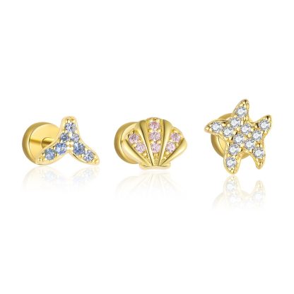 Ocean-themed cubic zirconia. Mermaid tail shell starfish. 18K gold coating. S925 silver Earring