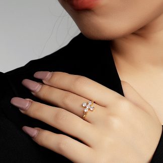 Adjustable Geometric Cross Design Cubic Zirconia 925 Sterling Silver Open Ring for Women in White gold-plated and Yellow gold-plated, Korean Style INS Fashion Versatile Elegant Jewelry 2025 New