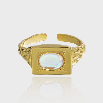 Modern Oval Created Moonstone Geometry Rectangle 925 Sterling Silver Adjustable Ring